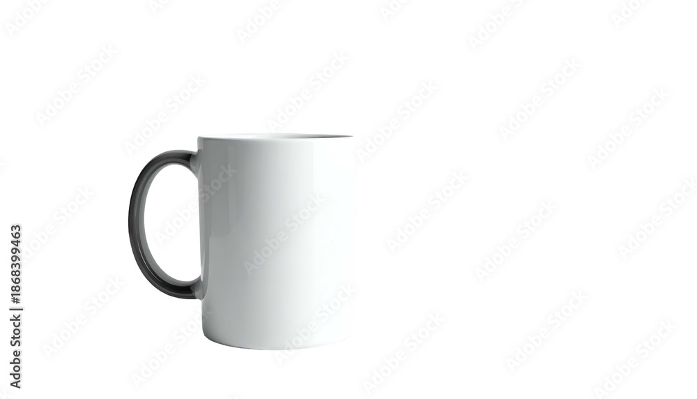 Obraz premium A 3D render of a blank ceramic mug with a black handle, positioned on a stark black background, showcasing its sleek design