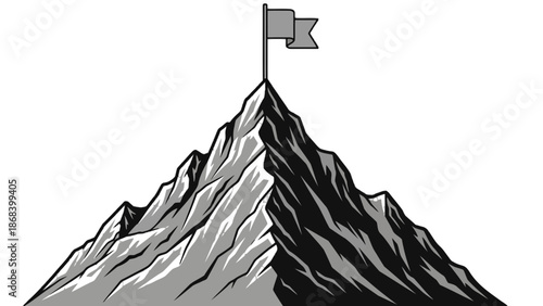 Mountain peak with flag illustration isolated on transparent background, Vector