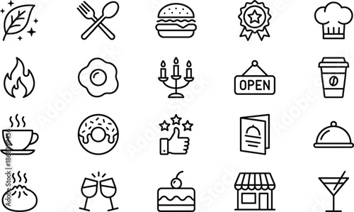 Set of vector black line icons featuring restaurant food symbols like burger chef hat coffee and cocktail isolated on white background