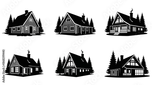 Cabin silhouettes vector illustrations of rustic houses amidst pine trees