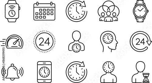 Set of vector black line icons featuring time management scheduling productivity 24 hours service and deadline symbols isolated on white background