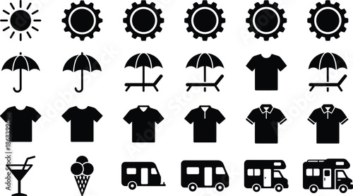 Set of vector black silhouettes featuring summer vacation icons including sun umbrella beach chair t-shirt and camper van symbols