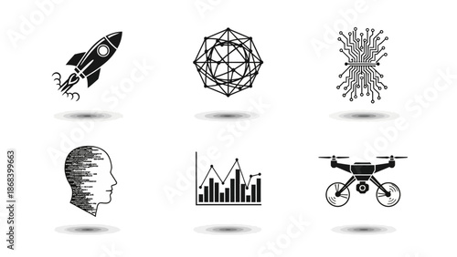 Set of tech icons rocket neural network circuit graph drone and head