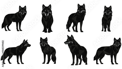 Geometric black wolves in various poses isolated against white background