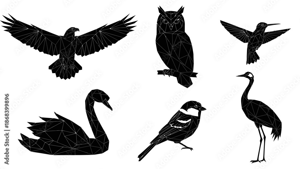 Fototapeta premium Geometric black bird illustrations eagle owl hummingbird swan sparrow and crane