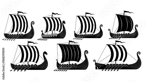 Stylized black and white viking ship illustrations isolated on white background