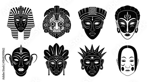 Collection of stylized tribal masks with various designs in black and white