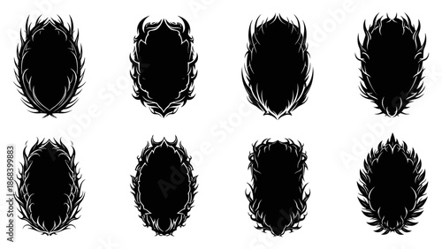 Set of eight abstract ornamental frames with spiky textures in black and white