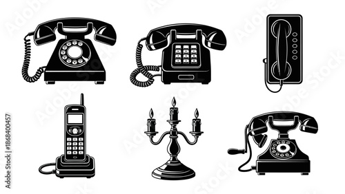 Vintage telephones and candlestick silhouettes isolated on white background