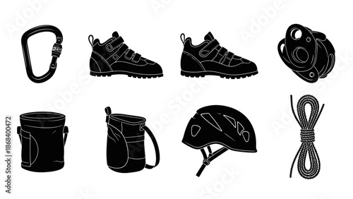 Essential climbing gear silhouettes carabiner boots helmet rope and more