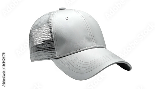 A 3D render of a trucker-style cap, showcasing a curved visor and mesh back, set against a black backdrop
