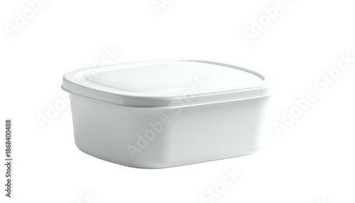 A 3D render of a white, rectangular plastic container with a matching lid, isolated against a black background