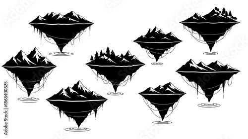 Floating mountain islands silhouette illustrations for design elements and backgrounds
