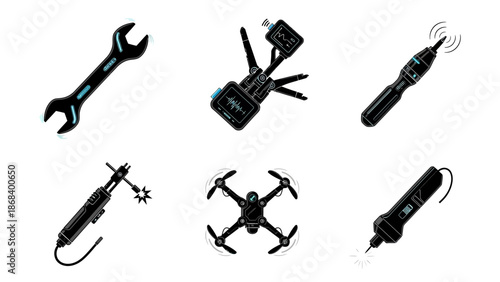 Set of various technical tools on white background for design purposes