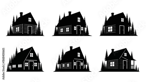 Cabin silhouettes rustic home icons in vector style for design and branding