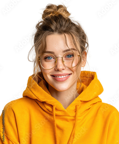 Joyful young woman in yellow hoodie portrait bright smile lifestyle, isolated on transparent background, png