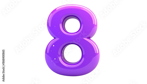 A 3D render of the number eight in a vibrant purple, glossy finish against a stark black background