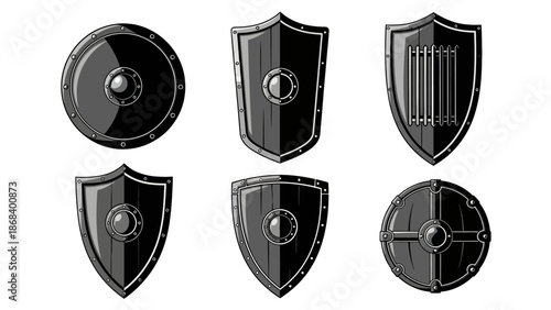 Set of various antique shields in black and gray illustration against white