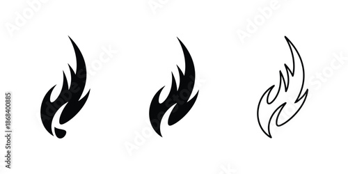 Stylized flame icon set black and white