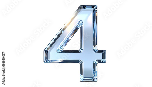 A 3D render of the numeral four. The number is made of reflective, translucent material, and set against a black backdrop