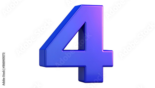 A 3D render of the numeral four. The object is rendered in a vibrant gradient of blue hues against a deep black background. Lighting creates soft highlights