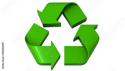 A 3D render of the universally recognized symbol for recycling, a set of three looping green arrows. The background is black