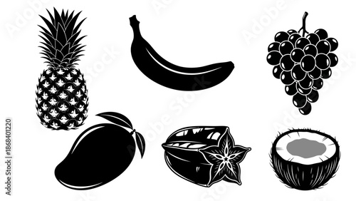 Black and white fruit silhouettes pineapple banana mango grape starfruit coconut