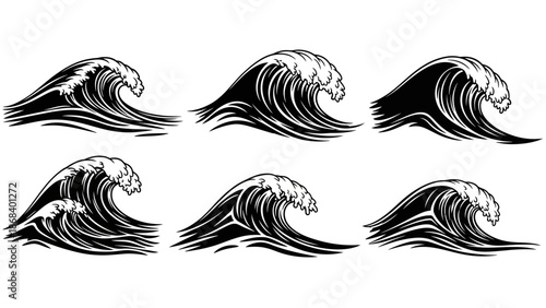 Set of black and white wave illustrations for decorative and design elements