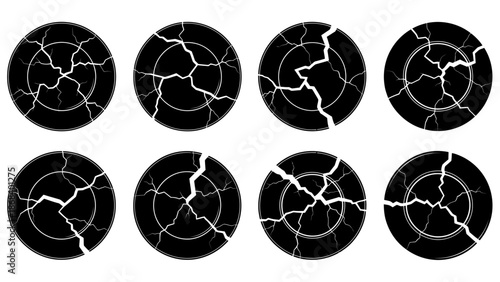 Cracked circle icons abstract black and white graphic design elements