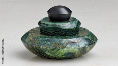 Stacked Green and Black Stone Sculpture on White Background.