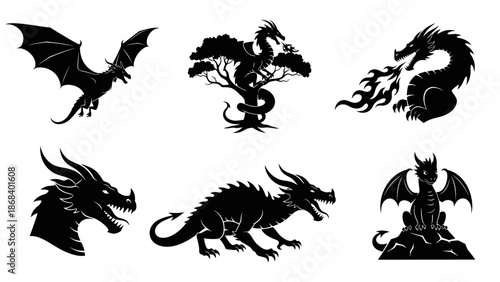 Stylized black dragon silhouettes winged fire breathing and profile designs