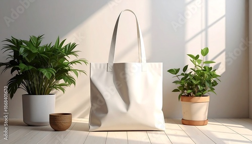 White Canvas Tote Bag with Potted Plants.