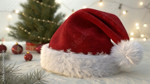 A vibrant red santa hat with white trim sits in a festive scene