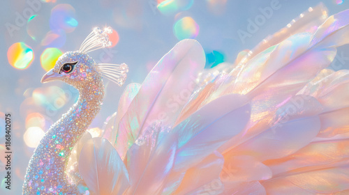 Pearly peacock artwork, palette of blush pink, mint green, and pearl white, AI generated