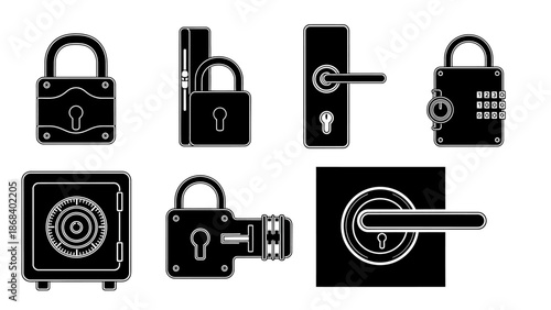 Set of various padlocks and door hardware silhouettes on white background