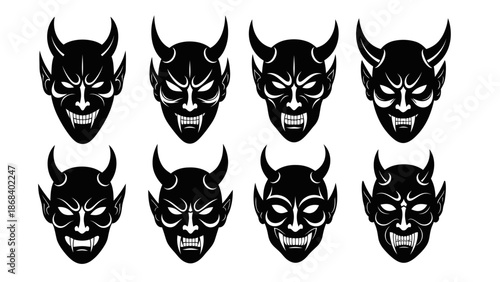 Black devil head illustrations in various styles against white background