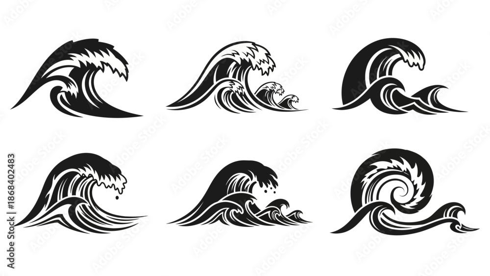 Obraz premium Stylized wave illustrations in black and white vector art elements water patterns