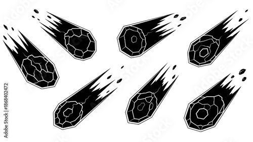 Stylized meteor illustrations against white background vector set for design