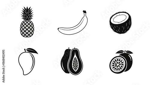 Black and white tropical fruit illustrations for various design projects