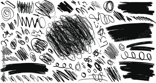 Collection of hand drawn black ink scribbles brush strokes and textures on white background