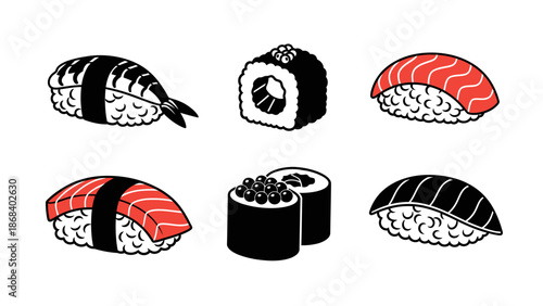 Illustration of various sushi pieces on white background for culinary design