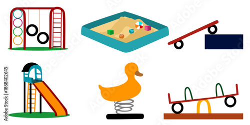 Playground equipment. outdoor kids playgrounds color icons, cartoon children recreation park. Vector illustrations of toys for kindergarten. Cartoon seesaw slide swing bench ladder isolated on white. 
