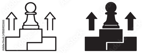 Line art and solid icon set featuring a chess pawn on a podium with upward arrows for business strategy and progress
