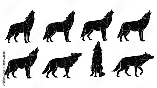 Geometric wolf howling silhouettes artistic vector illustrations in black and white
