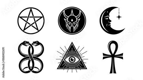 Black and white occult symbols set on white background vector illustration