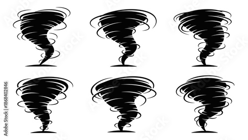 Stylized tornado illustrations in a sequence showing movement and power