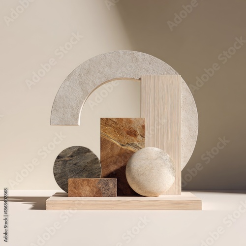 Abstract still life of geometric shapes on a wooden platform