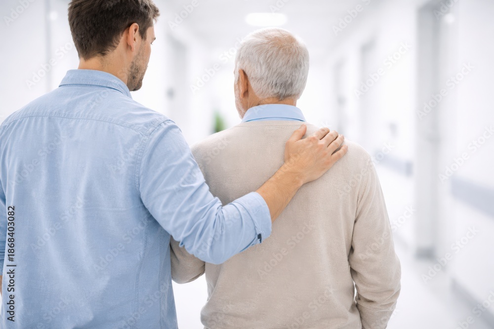 Fototapeta premium A Compassionate Moment Between Generations: A Supportive Individual Comforts an Elderly Man in a Bright Hospital Hallway