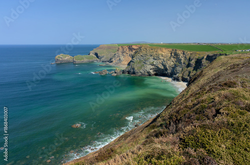 Beautiful sunny day on dramtic cliffs at Basset Cove near Portreath Cornwall England