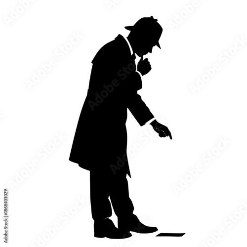 Silhouette of a Detective Examining Evidence on a White Background.